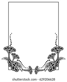 Black and white abstract frame with floral silhouettes . Copy space. Vector clip art.