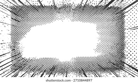Marco abstracto en blanco y negro con puntos de semitono y líneas angustiadas que irradian hacia afuera.
