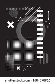 Black and white abstract geometric background. Geometry white squares, circles, triangle shapes in black backdrop. Modern minimal new age design vector.