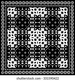 Black and white abstract geometric background. Bandanna Print, silk neck scarf or kerchief square pattern design style for print on fabric, vector illustration.