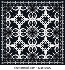Black and white abstract geometric background. Bandanna Print, silk neck scarf or kerchief square pattern design style for print on fabric, vector illustration.