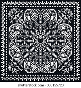 Black and white abstract geometric background. Bandanna Print, silk neck scarf or kerchief square pattern design style for print on fabric, vector illustration.