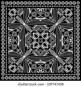 Black and white abstract geometric background. Bandanna Print, silk neck scarf or kerchief square pattern design style for print on fabric, vector illustration.