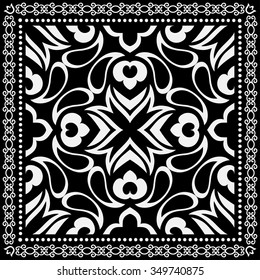 Black and white abstract geometric background. Bandanna Print, silk neck scarf or kerchief square pattern design style for print on fabric, vector illustration.