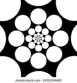 Black and white abstract geometric, white dot circle pattern shape on black background