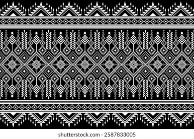 Black and white abstract geometric ethnic pattern. Geometric Tribal seamless. Aztec American Navajo on black background design for textile print carpet wallpaper clothing wrapping Batik