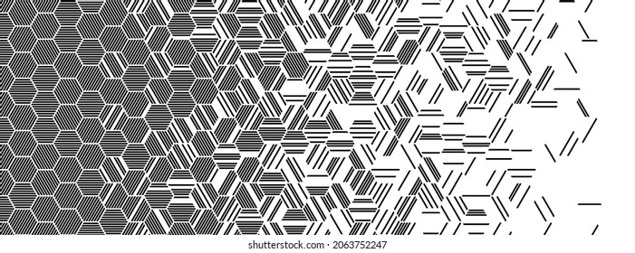 Patrón geométrico abstracto blanco y negro con líneas hexagonales. Fondo vectorial sin soldadura con efecto de desvanecimiento