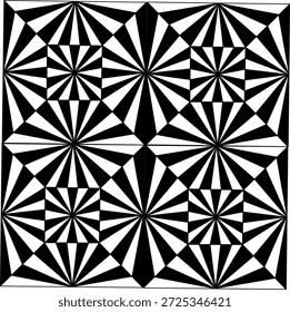 Padrão geométrico abstrato em preto e branco com formas radiais de explosão estelar e simetria de ilusão ótica, criando um fundo contínuo de arte superior em negrito.