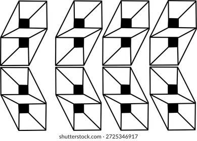 Black and white abstract geometric pattern of repeating 3D cubes with optical illusion depth, minimalist line art design for modern backgrounds.