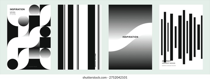 Black and White Abstract Geometric Poster Series Featuring Bold Stripes Circles and Wave Gradients for Modern Minimalist Visual Inspiration Templates
