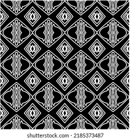 Patrón geométrico uniforme abstracto en blanco y negro con formas onduladas y líneas curvadas. Sencilla textura monocromática. Fondo gráfico de Op art. Repetir el diseño para la decoración, portada, impresión.