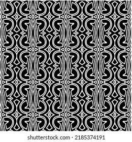 Black and white abstract geometric seamless pattern with wavy shapes, and curved lines. Simple monochrome texture. Op art graphic background. Repeat design for decor, cover, print.