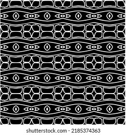 Patrón geométrico uniforme abstracto en blanco y negro con formas onduladas y líneas curvadas. Sencilla textura monocromática. Fondo gráfico de Op art. Repetir el diseño para la decoración, portada, impresión.