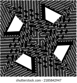 Schwarz-Weiß abstraktes geometrisches, nahtloses Muster mit gewölbten Formen und abgerundeten Linien. Einfache monochrome Textur. brüchiger Hintergrund. Wiederholen Sie Design für Dekor, Abdeckung, Druck.