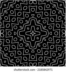 Patrón geométrico uniforme abstracto en blanco y negro con formas onduladas y líneas curvadas.  mandala monocroma. fondo rayado. Repetir el diseño para la decoración, portada, impresión.