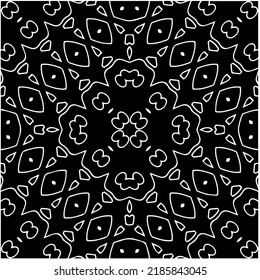 Patrón geométrico uniforme abstracto en blanco y negro con formas onduladas y líneas curvadas.  mandala monocroma. fondo rayado. Repetir el diseño para la decoración, portada, impresión.