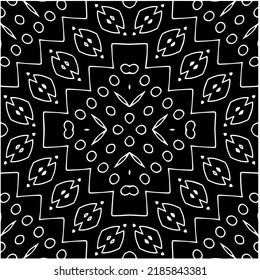 Patrón geométrico uniforme abstracto en blanco y negro con formas onduladas y líneas curvadas.  mandala monocroma. fondo rayado. Repetir el diseño para la decoración, portada, impresión.
