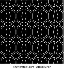 Patrón geométrico uniforme abstracto en blanco y negro con formas onduladas y líneas curvadas. Sencilla textura monocromática. Fondo gráfico de Op art. Repetir el diseño para la decoración, portada, impresión.