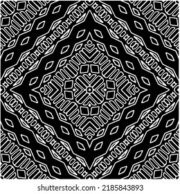 Patrón geométrico uniforme abstracto en blanco y negro con formas onduladas y líneas curvadas.  mandala monocroma. fondo rayado. Repetir el diseño para la decoración, portada, impresión.