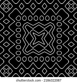 Patrón geométrico uniforme abstracto en blanco y negro con formas onduladas y líneas curvadas.  marco monocromo. fondo rayado. Repetir el diseño para la decoración, portada, impresión.