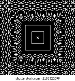 Black and white abstract geometric seamless pattern with wavy shapes, and curved lines.  monochrome frame. striped background. Repeat design for decor, cover, print.