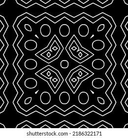 Patrón geométrico uniforme abstracto en blanco y negro con formas onduladas y líneas curvadas.  textura monocroma. fondo rayado. Repetir el diseño para la decoración, portada, impresión.