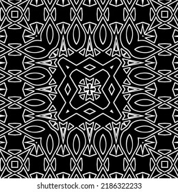Patrón geométrico uniforme abstracto en blanco y negro con formas onduladas y líneas curvadas.  textura monocroma. fondo rayado. Repetir el diseño para la decoración, portada, impresión.