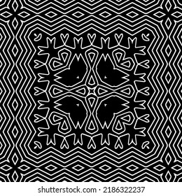 Patrón geométrico uniforme abstracto en blanco y negro con formas onduladas y líneas curvadas.  textura monocroma. fondo rayado. Repetir el diseño para la decoración, portada, impresión.