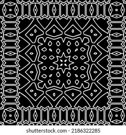 Patrón geométrico uniforme abstracto en blanco y negro con formas onduladas y líneas curvadas.  textura monocroma. fondo rayado. Repetir el diseño para la decoración, portada, impresión.