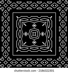 Patrón geométrico uniforme abstracto en blanco y negro con formas onduladas y líneas curvadas.  marco monocromo. fondo rayado. Repetir el diseño para la decoración, portada, impresión.