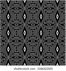 Black and white abstract geometric seamless pattern with wavy shapes, and curved lines. Simple monochrome texture. Op art graphic background. Repeat design for decor, cover, print.
