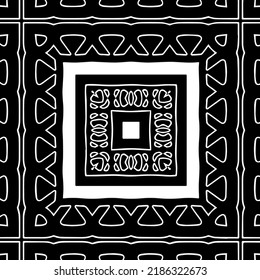 Patrón geométrico uniforme abstracto en blanco y negro con formas onduladas y líneas curvadas.  marco monocromo. fondo rayado. Repetir el diseño para la decoración, portada, impresión.