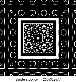 Patrón geométrico uniforme abstracto en blanco y negro con formas onduladas y líneas curvadas.  marco monocromo. fondo rayado. Repetir el diseño para la decoración, portada, impresión.