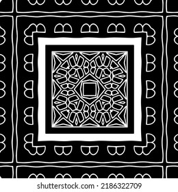 Black and white abstract geometric seamless pattern with wavy shapes, and curved lines.  monochrome frame. striped background. Repeat design for decor, cover, print.