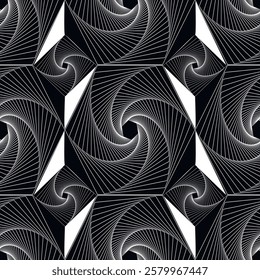 Black and white abstract geometric seamless pattern with spiraling lines, fractals, symmetrical, swirling shapes. Futuristic style vector modern background with hypnotic optical illusion effect.