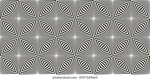 Black and white abstract geometric seamless pattern. Optical illusion effect. Vector texture with broken lines, stripes, burst, chevron, tiles. Op art background. Repeated design for decor, print