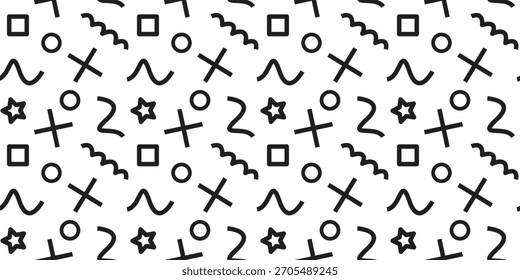 Black and white abstract geometric seamless pattern. Hand-drawn  style symbols in repeating layout. Minimal monochrome decorative background design.