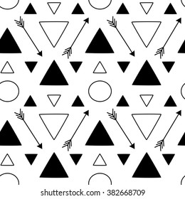 black white abstract geometric seamless vector pattern background with arrows triangles and circles