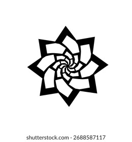 Forma geométrica abstrata em preto e branco com um padrão de estrela em espiral.