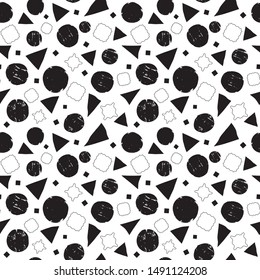 Black and white abstract geometric shapes seamless background with grunge texture. Circles, squares and triangles with painterly effect. Vector