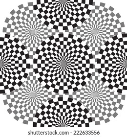 Black and white abstract geometrical background. Seamless texture with target round patters. Vector art