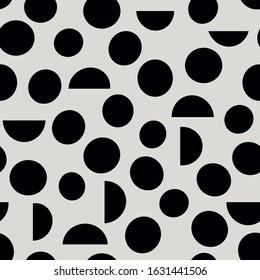 Black and white abstract geometrical seamless vector pattern with dots and half dots. Trendy abstract design for paper, cover, fabric, interior decor, wallpaper and other projects.Surface pattern