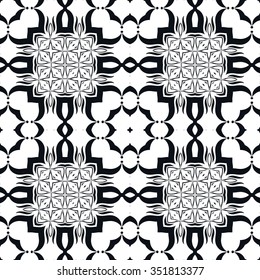 Black and white abstract graphic background, seamless geometric pattern. Repeating fabric texture. Tribal ethnic ornament, vector illustration.