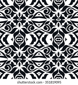 Black and white abstract graphic background, seamless geometric pattern. Repeating fabric texture. Tribal ethnic ornament, vector illustration.