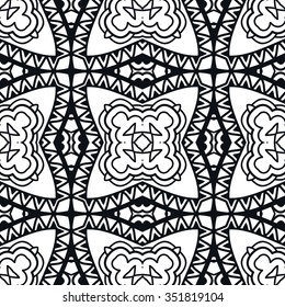 Black and white abstract graphic background, seamless geometric pattern. Repeating fabric texture. Tribal ethnic ornament, vector illustration.