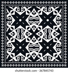 Black and white abstract graphic background, square geometric pattern with frame, tribal ethnic ornament. Bandanna shawl fabric print, silk neck scarf or kerchief design, vector illustration. 