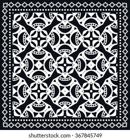 Black and white abstract graphic background, square geometric pattern with frame, tribal ethnic ornament. Bandanna shawl fabric print, silk neck scarf or kerchief design, vector illustration. 