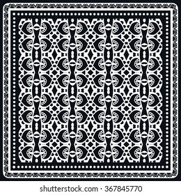 Black and white abstract graphic background, square geometric pattern with frame, tribal ethnic ornament. Bandanna shawl fabric print, silk neck scarf or kerchief design, vector illustration. 