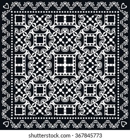 Black and white abstract graphic background, square geometric pattern with frame, tribal ethnic ornament. Bandanna shawl fabric print, silk neck scarf or kerchief design, vector illustration. 