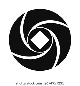 Black and white abstract graphic of camera aperture blades forming a circular shape.